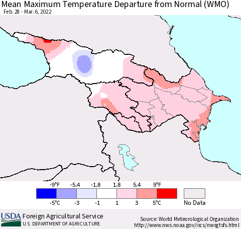 Azerbaijan, Armenia and Georgia Mean Maximum Temperature Departure from Normal (WMO) Thematic Map For 2/28/2022 - 3/6/2022