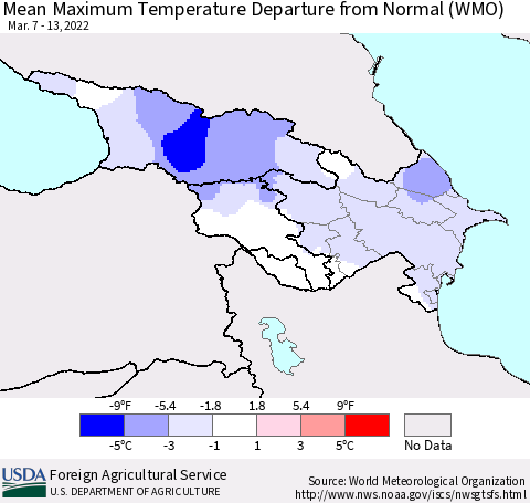 Azerbaijan, Armenia and Georgia Mean Maximum Temperature Departure from Normal (WMO) Thematic Map For 3/7/2022 - 3/13/2022