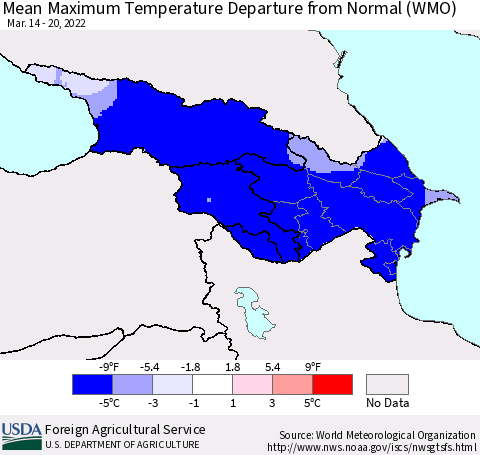 Azerbaijan, Armenia and Georgia Mean Maximum Temperature Departure from Normal (WMO) Thematic Map For 3/14/2022 - 3/20/2022