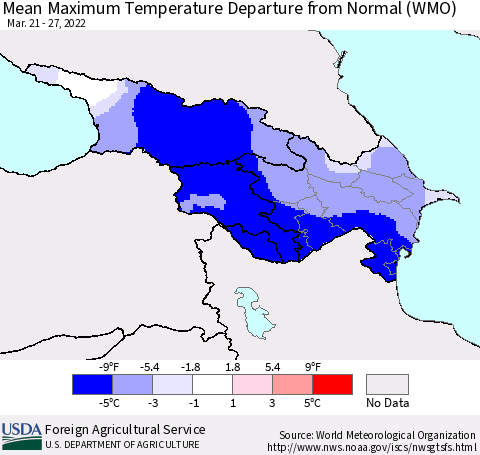 Azerbaijan, Armenia and Georgia Mean Maximum Temperature Departure from Normal (WMO) Thematic Map For 3/21/2022 - 3/27/2022