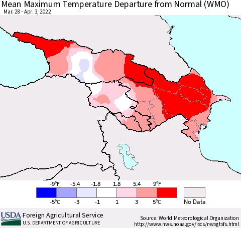 Azerbaijan, Armenia and Georgia Mean Maximum Temperature Departure from Normal (WMO) Thematic Map For 3/28/2022 - 4/3/2022