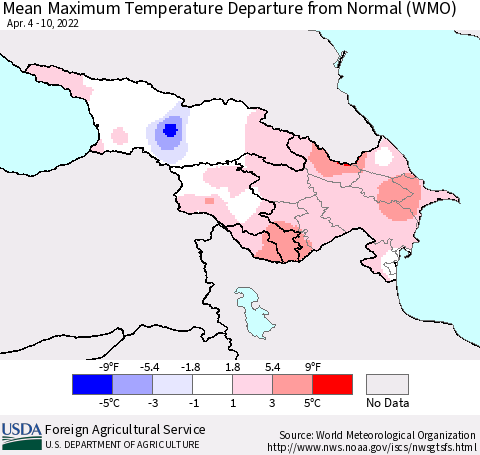 Azerbaijan, Armenia and Georgia Mean Maximum Temperature Departure from Normal (WMO) Thematic Map For 4/4/2022 - 4/10/2022