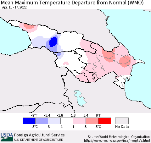 Azerbaijan, Armenia and Georgia Mean Maximum Temperature Departure from Normal (WMO) Thematic Map For 4/11/2022 - 4/17/2022