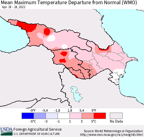 Azerbaijan, Armenia and Georgia Mean Maximum Temperature Departure from Normal (WMO) Thematic Map For 4/18/2022 - 4/24/2022