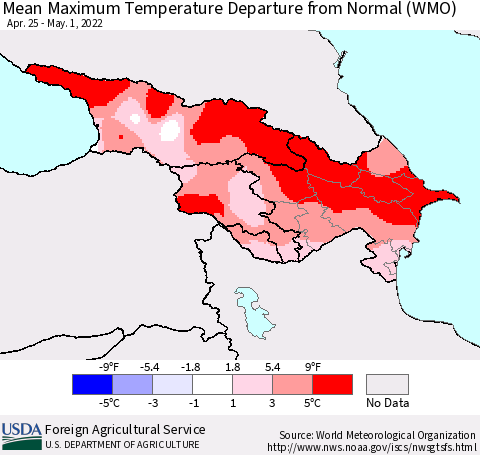 Azerbaijan, Armenia and Georgia Mean Maximum Temperature Departure from Normal (WMO) Thematic Map For 4/25/2022 - 5/1/2022