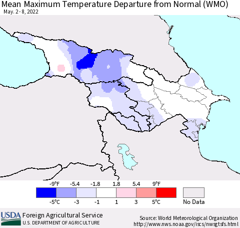 Azerbaijan, Armenia and Georgia Mean Maximum Temperature Departure from Normal (WMO) Thematic Map For 5/2/2022 - 5/8/2022
