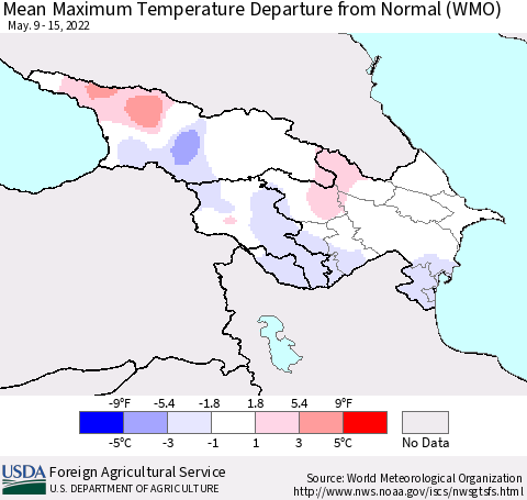 Azerbaijan, Armenia and Georgia Mean Maximum Temperature Departure from Normal (WMO) Thematic Map For 5/9/2022 - 5/15/2022