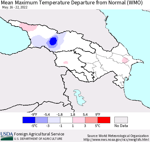 Azerbaijan, Armenia and Georgia Mean Maximum Temperature Departure from Normal (WMO) Thematic Map For 5/16/2022 - 5/22/2022