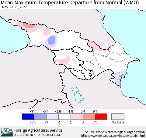 Azerbaijan, Armenia and Georgia Mean Maximum Temperature Departure from Normal (WMO) Thematic Map For 5/23/2022 - 5/29/2022