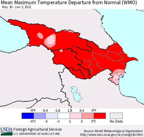Azerbaijan, Armenia and Georgia Mean Maximum Temperature Departure from Normal (WMO) Thematic Map For 5/30/2022 - 6/5/2022