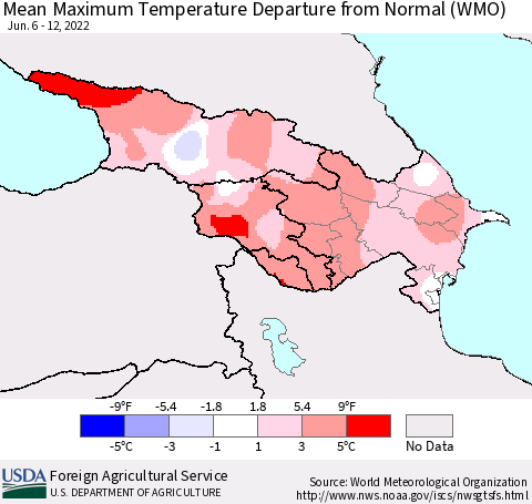 Azerbaijan, Armenia and Georgia Mean Maximum Temperature Departure from Normal (WMO) Thematic Map For 6/6/2022 - 6/12/2022