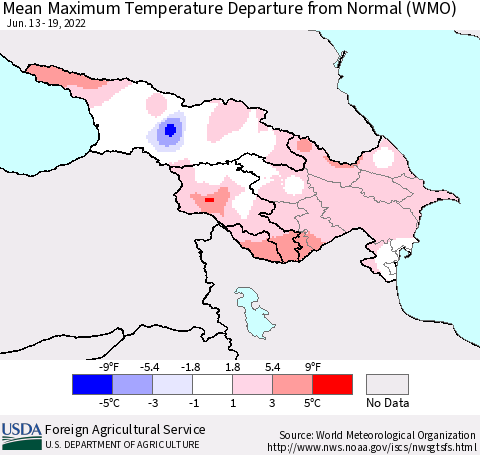 Azerbaijan, Armenia and Georgia Mean Maximum Temperature Departure from Normal (WMO) Thematic Map For 6/13/2022 - 6/19/2022