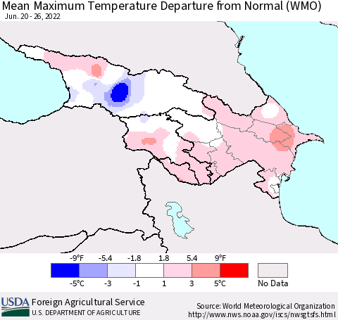 Azerbaijan, Armenia and Georgia Mean Maximum Temperature Departure from Normal (WMO) Thematic Map For 6/20/2022 - 6/26/2022