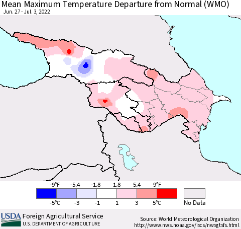 Azerbaijan, Armenia and Georgia Mean Maximum Temperature Departure from Normal (WMO) Thematic Map For 6/27/2022 - 7/3/2022