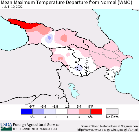 Azerbaijan, Armenia and Georgia Mean Maximum Temperature Departure from Normal (WMO) Thematic Map For 7/4/2022 - 7/10/2022