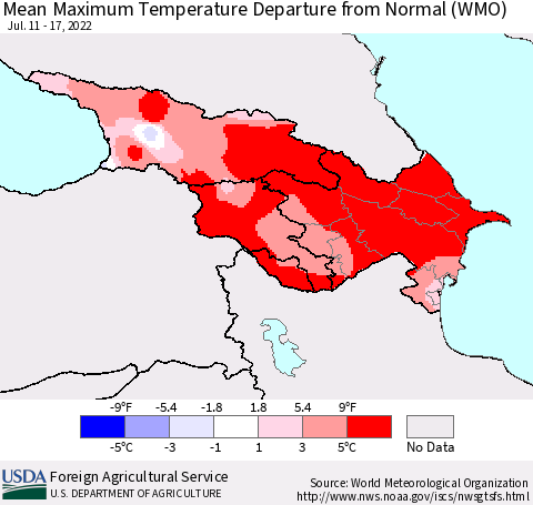 Azerbaijan, Armenia and Georgia Mean Maximum Temperature Departure from Normal (WMO) Thematic Map For 7/11/2022 - 7/17/2022