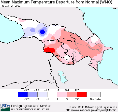 Azerbaijan, Armenia and Georgia Mean Maximum Temperature Departure from Normal (WMO) Thematic Map For 7/18/2022 - 7/24/2022