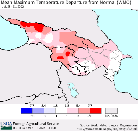Azerbaijan, Armenia and Georgia Mean Maximum Temperature Departure from Normal (WMO) Thematic Map For 7/25/2022 - 7/31/2022