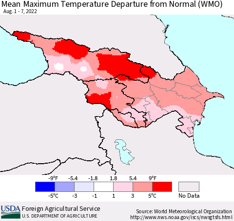 Azerbaijan, Armenia and Georgia Mean Maximum Temperature Departure from Normal (WMO) Thematic Map For 8/1/2022 - 8/7/2022