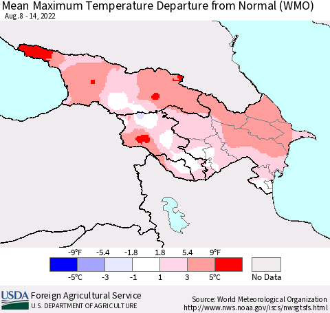 Azerbaijan, Armenia and Georgia Mean Maximum Temperature Departure from Normal (WMO) Thematic Map For 8/8/2022 - 8/14/2022