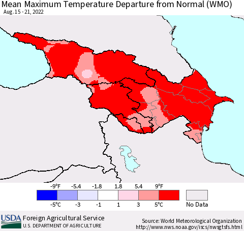 Azerbaijan, Armenia and Georgia Mean Maximum Temperature Departure from Normal (WMO) Thematic Map For 8/15/2022 - 8/21/2022