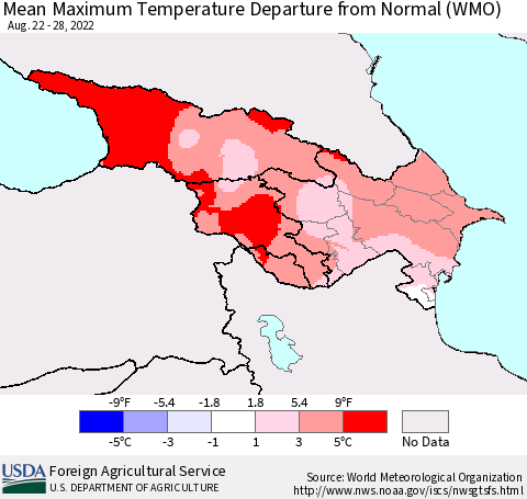 Azerbaijan, Armenia and Georgia Mean Maximum Temperature Departure from Normal (WMO) Thematic Map For 8/22/2022 - 8/28/2022
