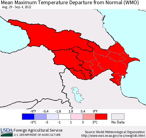 Azerbaijan, Armenia and Georgia Mean Maximum Temperature Departure from Normal (WMO) Thematic Map For 8/29/2022 - 9/4/2022