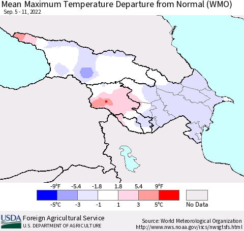 Azerbaijan, Armenia and Georgia Mean Maximum Temperature Departure from Normal (WMO) Thematic Map For 9/5/2022 - 9/11/2022