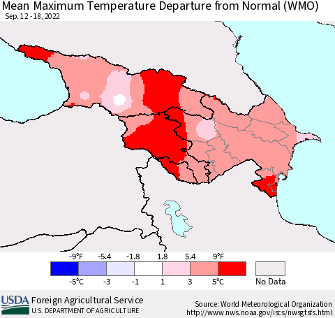 Azerbaijan, Armenia and Georgia Mean Maximum Temperature Departure from Normal (WMO) Thematic Map For 9/12/2022 - 9/18/2022