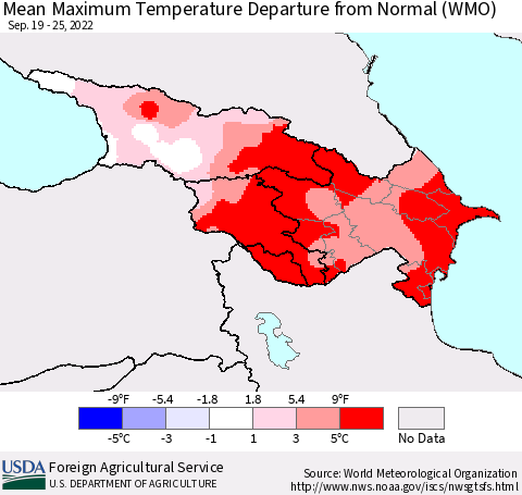 Azerbaijan, Armenia and Georgia Mean Maximum Temperature Departure from Normal (WMO) Thematic Map For 9/19/2022 - 9/25/2022