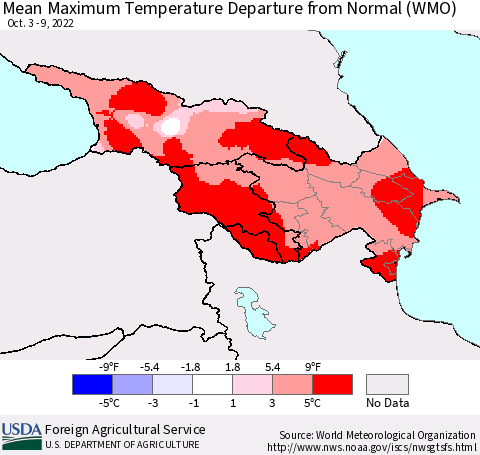 Azerbaijan, Armenia and Georgia Mean Maximum Temperature Departure from Normal (WMO) Thematic Map For 10/3/2022 - 10/9/2022