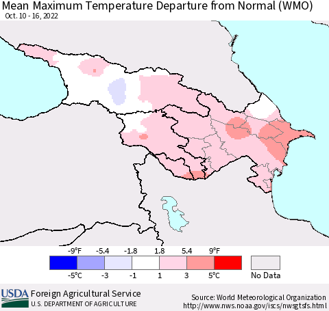 Azerbaijan, Armenia and Georgia Mean Maximum Temperature Departure from Normal (WMO) Thematic Map For 10/10/2022 - 10/16/2022