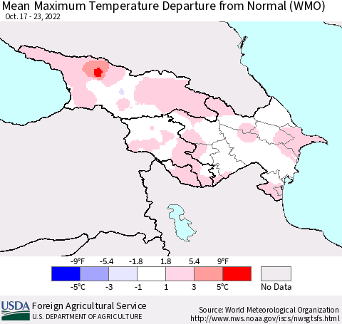 Azerbaijan, Armenia and Georgia Mean Maximum Temperature Departure from Normal (WMO) Thematic Map For 10/17/2022 - 10/23/2022