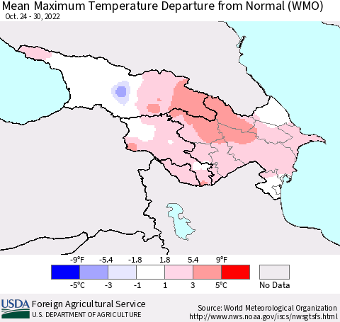 Azerbaijan, Armenia and Georgia Mean Maximum Temperature Departure from Normal (WMO) Thematic Map For 10/24/2022 - 10/30/2022