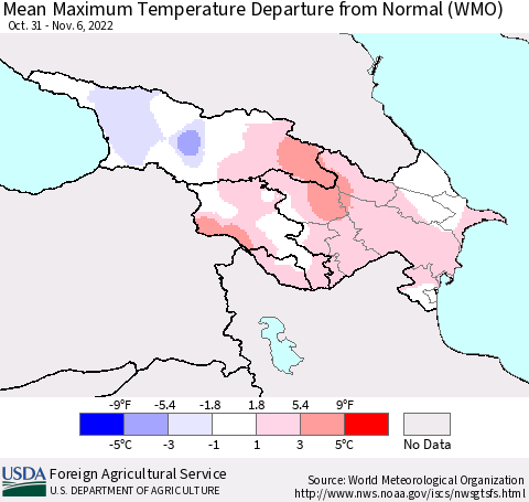 Azerbaijan, Armenia and Georgia Mean Maximum Temperature Departure from Normal (WMO) Thematic Map For 10/31/2022 - 11/6/2022