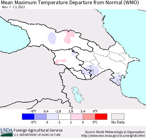 Azerbaijan, Armenia and Georgia Mean Maximum Temperature Departure from Normal (WMO) Thematic Map For 11/7/2022 - 11/13/2022