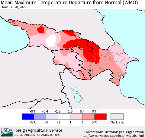 Azerbaijan, Armenia and Georgia Mean Maximum Temperature Departure from Normal (WMO) Thematic Map For 11/14/2022 - 11/20/2022