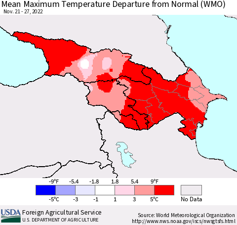 Azerbaijan, Armenia and Georgia Mean Maximum Temperature Departure from Normal (WMO) Thematic Map For 11/21/2022 - 11/27/2022