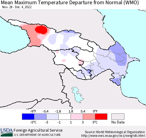 Azerbaijan, Armenia and Georgia Mean Maximum Temperature Departure from Normal (WMO) Thematic Map For 11/28/2022 - 12/4/2022