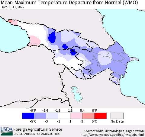 Azerbaijan, Armenia and Georgia Mean Maximum Temperature Departure from Normal (WMO) Thematic Map For 12/5/2022 - 12/11/2022