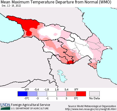 Azerbaijan, Armenia and Georgia Mean Maximum Temperature Departure from Normal (WMO) Thematic Map For 12/12/2022 - 12/18/2022