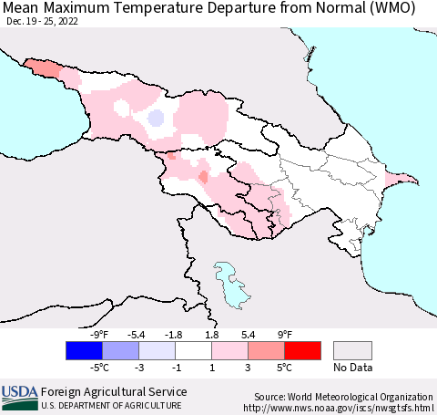 Azerbaijan, Armenia and Georgia Mean Maximum Temperature Departure from Normal (WMO) Thematic Map For 12/19/2022 - 12/25/2022