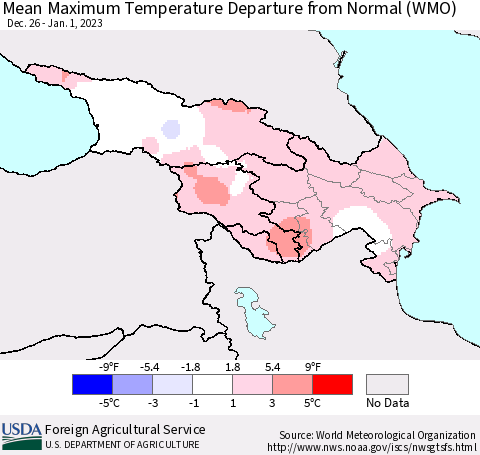 Azerbaijan, Armenia and Georgia Mean Maximum Temperature Departure from Normal (WMO) Thematic Map For 12/26/2022 - 1/1/2023