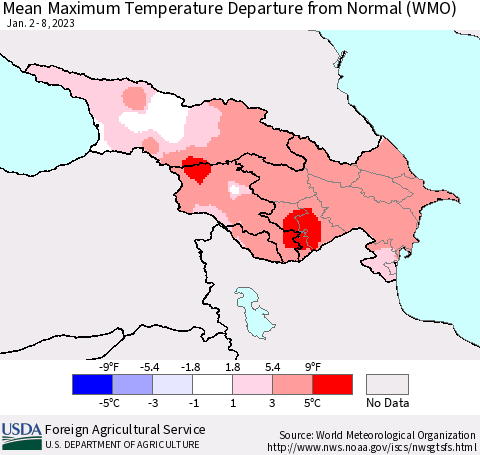 Azerbaijan, Armenia and Georgia Mean Maximum Temperature Departure from Normal (WMO) Thematic Map For 1/2/2023 - 1/8/2023