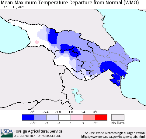 Azerbaijan, Armenia and Georgia Mean Maximum Temperature Departure from Normal (WMO) Thematic Map For 1/9/2023 - 1/15/2023