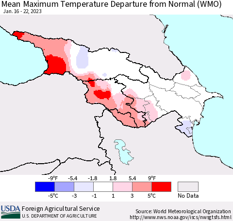 Azerbaijan, Armenia and Georgia Mean Maximum Temperature Departure from Normal (WMO) Thematic Map For 1/16/2023 - 1/22/2023