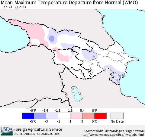 Azerbaijan, Armenia and Georgia Mean Maximum Temperature Departure from Normal (WMO) Thematic Map For 1/23/2023 - 1/29/2023