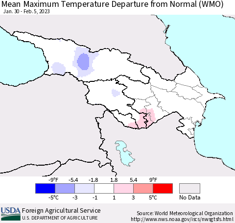 Azerbaijan, Armenia and Georgia Mean Maximum Temperature Departure from Normal (WMO) Thematic Map For 1/30/2023 - 2/5/2023