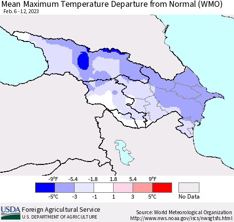 Azerbaijan, Armenia and Georgia Mean Maximum Temperature Departure from Normal (WMO) Thematic Map For 2/6/2023 - 2/12/2023