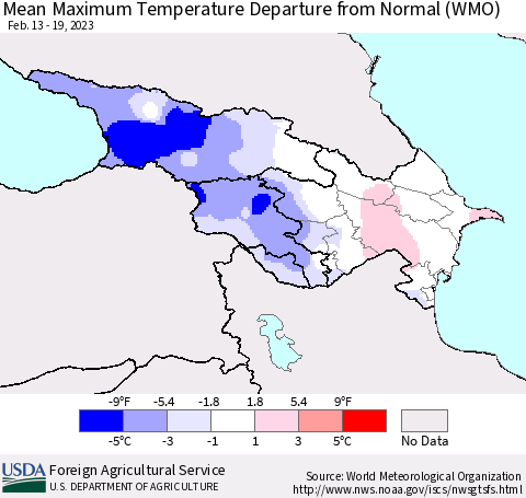 Azerbaijan, Armenia and Georgia Mean Maximum Temperature Departure from Normal (WMO) Thematic Map For 2/13/2023 - 2/19/2023